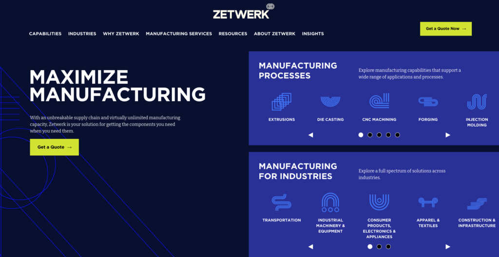 Webpage section of a Zetwerk, a xometry competitor showcasing their capabilities in maximizing efficiency across various manufacturing processes like extrusion, die casting, CNC machining, forging, and injection molding.